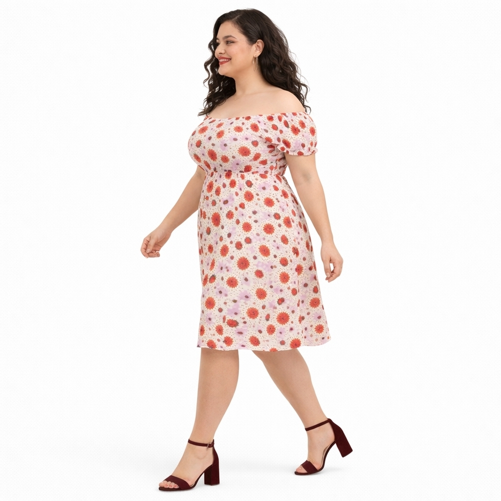 Torrid Retro Chic 1X Floral Pink Gauze Puff Sleeve Off Shoulder Midi Dress Pocke - Picture 6 of 16